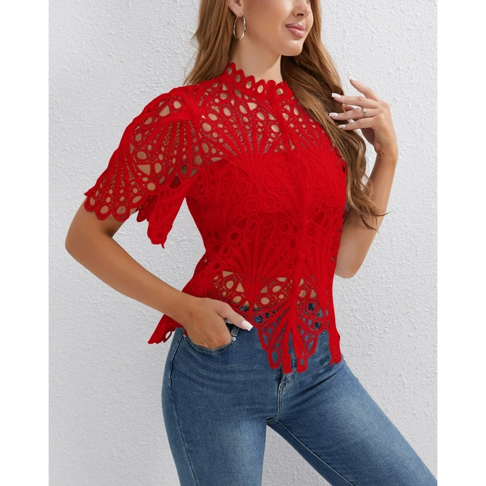 Doweha Ruffle Short Sleeve Blouses for Women Going Out See Through 2026 Summer Top Sexy Cute Peplum Button Down Shirt Tunic Red M by Doweha - Image 2