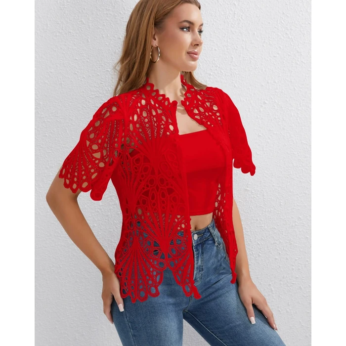 Doweha Ruffle Short Sleeve Blouses for Women Going Out See Through 2026 Summer Top Sexy Cute Peplum Button Down Shirt Tunic Red M by Doweha - Image 4