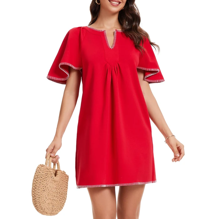 HOULENGS Women's Summer Flutter Short Sleeve Aline Mini Dress Casual Contrast Trim V Neck Short Dress with Pockets Red X-Large by HOULENGS - Used - Like New condition
