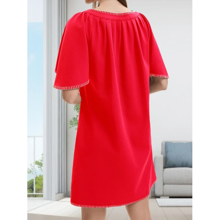 HOULENGS Women's Summer Flutter Short Sleeve Aline Mini Dress Casual Contrast Trim V Neck Short Dress with Pockets Red X-Large by HOULENGS - Image 2