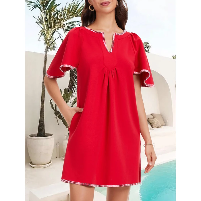 HOULENGS Women's Summer Flutter Short Sleeve Aline Mini Dress Casual Contrast Trim V Neck Short Dress with Pockets Red X-Large by HOULENGS - Image 3