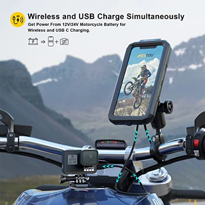 iMESTOU Waterproof Motorcycle Phone Mount IP67 with Wireless Qi/USB C 3.0 Charger, Anti-Theft Handlebar 1" Ball Phone Holder with Aluminum Mounting Base 720 degrees Rotation for 3.5"-6.1" Smartphones(S) by iMESTOU - Image 2
