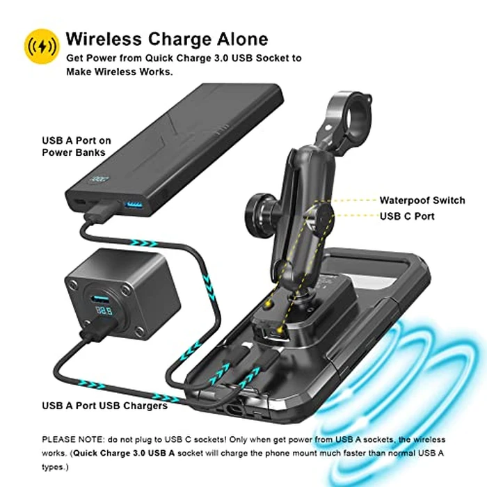 iMESTOU Waterproof Motorcycle Phone Mount IP67 with Wireless Qi/USB C 3.0 Charger, Anti-Theft Handlebar 1" Ball Phone Holder with Aluminum Mounting Base 720 degrees Rotation for 3.5"-6.1" Smartphones(S) by iMESTOU - Image 3