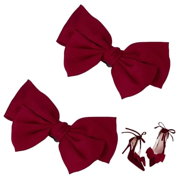 PH PandaHall 2pcs Dark Red Bow Shoe Clips, Satin Shoes Buckle Removable Shoe Clips Elegant Shoes Clip Shoe Jewelry Clips for Women Wedding Summer Party Heels Flats Hair Accessories Bag Clothing Boot by PH PandaHall - Image 1
