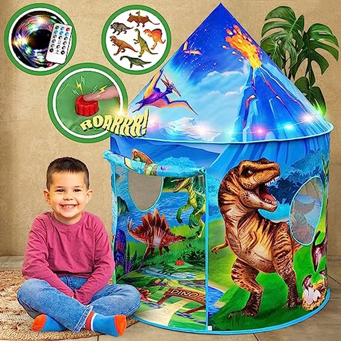 W&O Dino Paradise Play Tent with Roar Button, Dinosaur Toys and LED Lights - Epic Pop Up Tent for Boys & Girls - Perfect for Indoor & Outdoor Adventures by W&O - Used - Like New condition