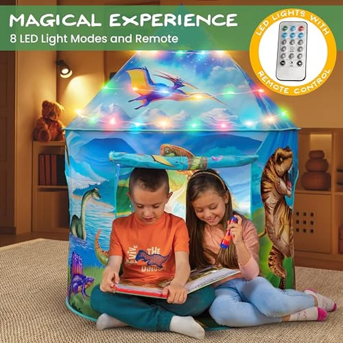 W&O Dino Paradise Play Tent with Roar Button, Dinosaur Toys and LED Lights - Epic Pop Up Tent for Boys & Girls - Perfect for Indoor & Outdoor Adventures by W&O - Image 3