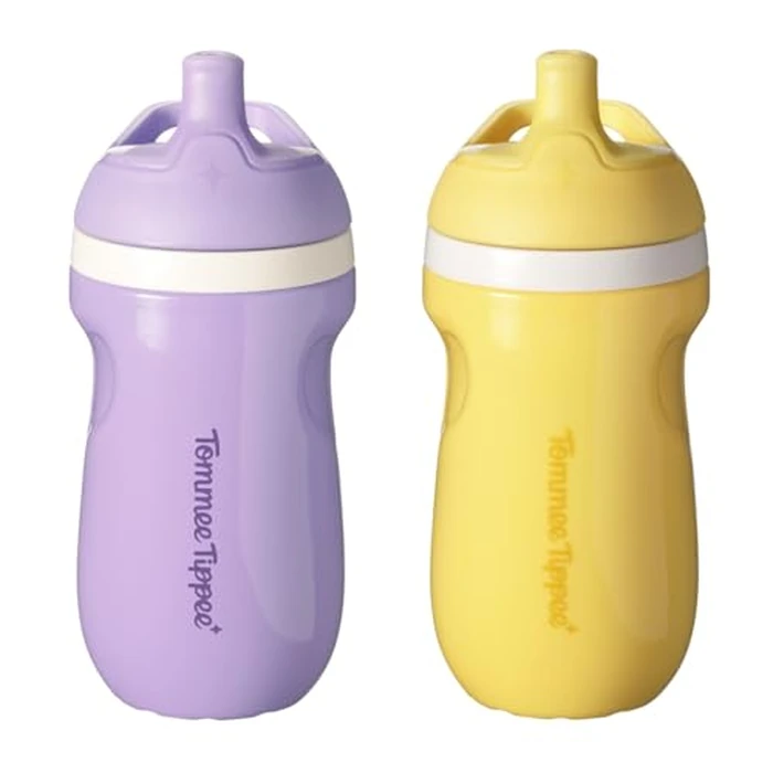 Tommee Tippee Insulated 9oz Sporty Spout Toddler Water Bottle, No Spill, Sippy Cups for Toddlers 1-3, Two-Piece Valve Helps Stop Spills, Yellow & Purple, BPA Free, Pack of 2 by Tommee Tippee - Used - Acceptable condition