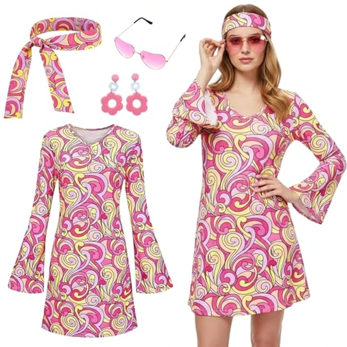 Carreuty 60s 70s Disco Outfit Hippie Costume Women, 4 PCS 70's Disco Dress Costume Include Pink Dress Headband Glasses Earings, Retro Cosplay Theam Party by Carreuty - Used - Very Good condition - US$20.68