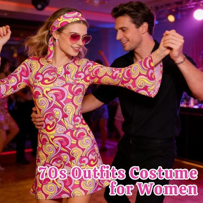 Carreuty 60s 70s Disco Outfit Hippie Costume Women, 4 PCS 70's Disco Dress Costume Include Pink Dress Headband Glasses Earings, Retro Cosplay Theam Party by Carreuty - Image 2