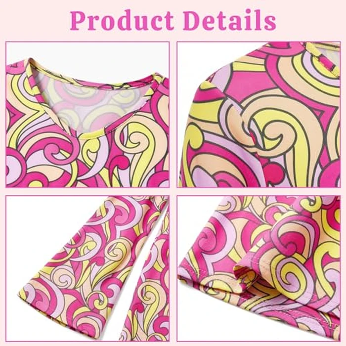 Carreuty 60s 70s Disco Outfit Hippie Costume Women, 4 PCS 70's Disco Dress Costume Include Pink Dress Headband Glasses Earings, Retro Cosplay Theam Party by Carreuty - Image 3