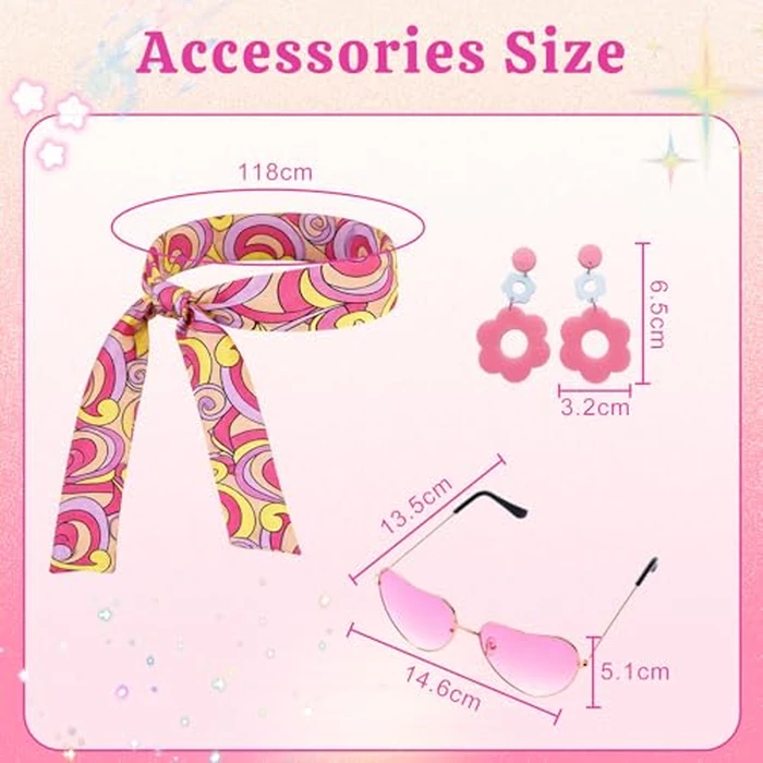 Carreuty 60s 70s Disco Outfit Hippie Costume Women, 4 PCS 70's Disco Dress Costume Include Pink Dress Headband Glasses Earings, Retro Cosplay Theam Party by Carreuty - Image 4