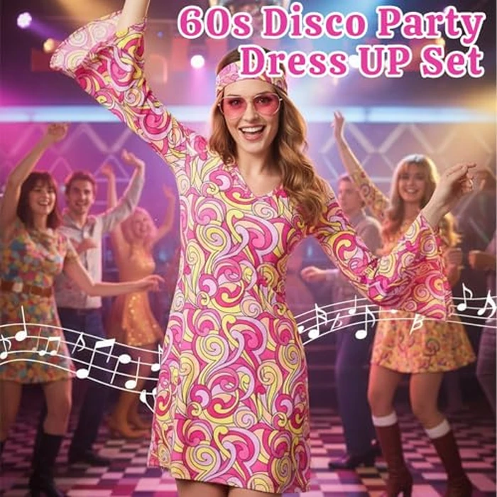 Carreuty 60s 70s Disco Outfit Hippie Costume Women, 4 PCS 70's Disco Dress Costume Include Pink Dress Headband Glasses Earings, Retro Cosplay Theam Party by Carreuty - Image 5