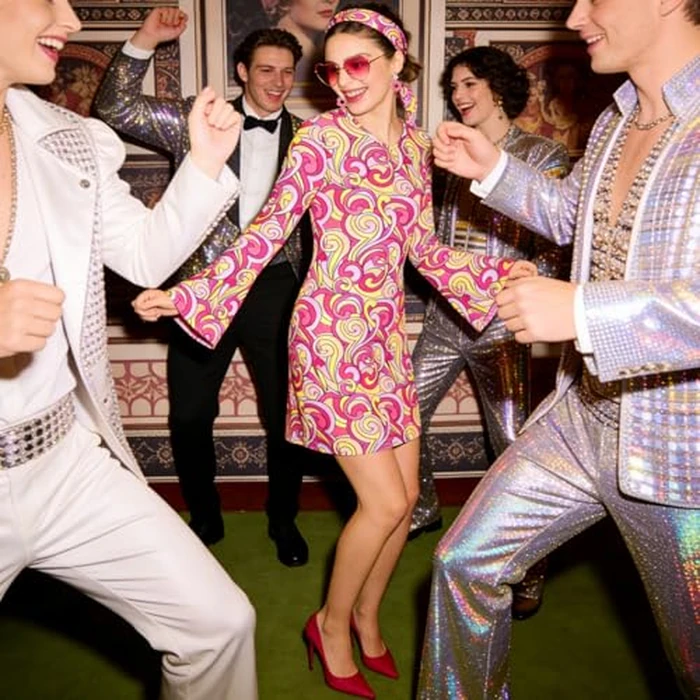 Carreuty 60s 70s Disco Outfit Hippie Costume Women, 4 PCS 70's Disco Dress Costume Include Pink Dress Headband Glasses Earings, Retro Cosplay Theam Party by Carreuty - Image 6