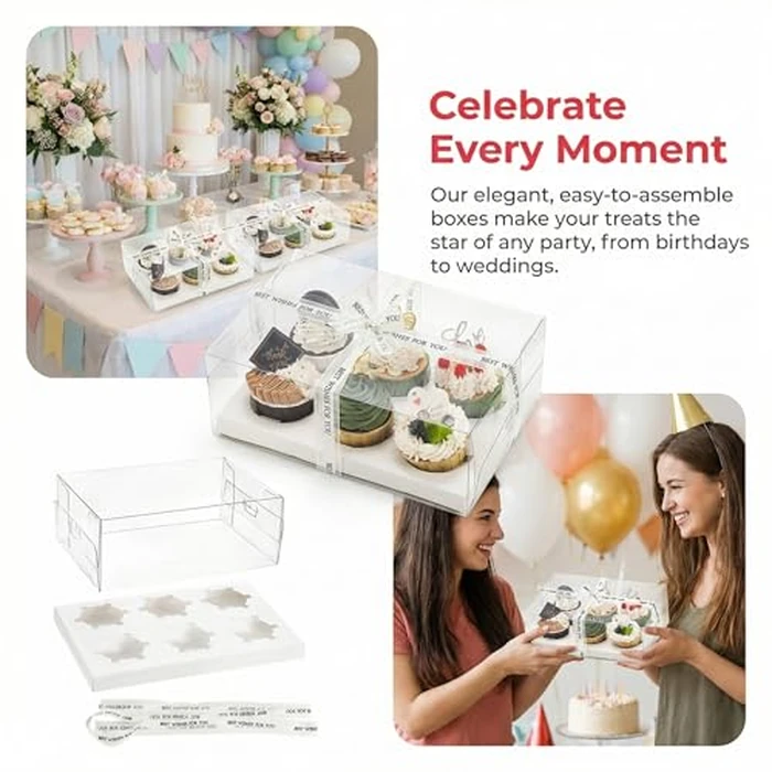 Cedilis 15 Pack Clear Cupcake Boxes, 6 Count Cupcake Containers with Gift Ribbon, Plastic Cupcake Carrier Holder for Treat Dessert Cookies Muffins Pastry Baby Shower Party by Cedilis - Image 6
