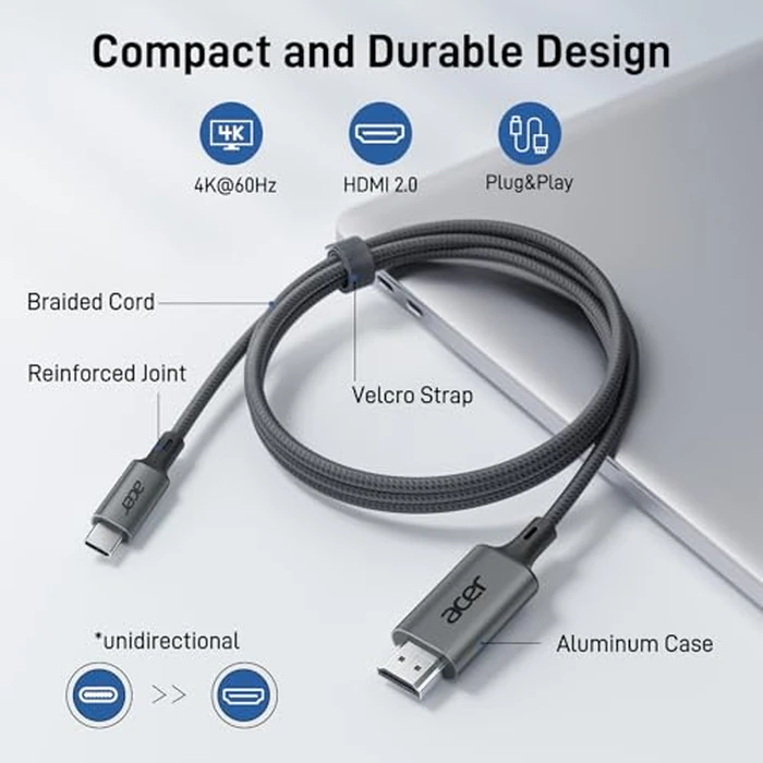acer USB C to HDMI Cable for Home Office 6.6FT (4K@60Hz), Thunderbolt 4/3 Compatible, High-Speed Type C to HDMI 2.0 Braided Cord for MacBook Neo, iPhone 17/16 Pro/Max, iPad Pro, Galaxy S25, Surface by Acer - Image 5