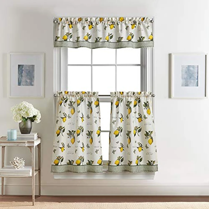 CHF Lemon Kitchen Curtains Tier and Valance Set 3-Piece Small Window Curtain Country Rustic Farmhouse Vintage Light Filtering, 28W x 36L Tier Pair, 56W x 14L Valance, Multi Yellow by CHF - Image 1