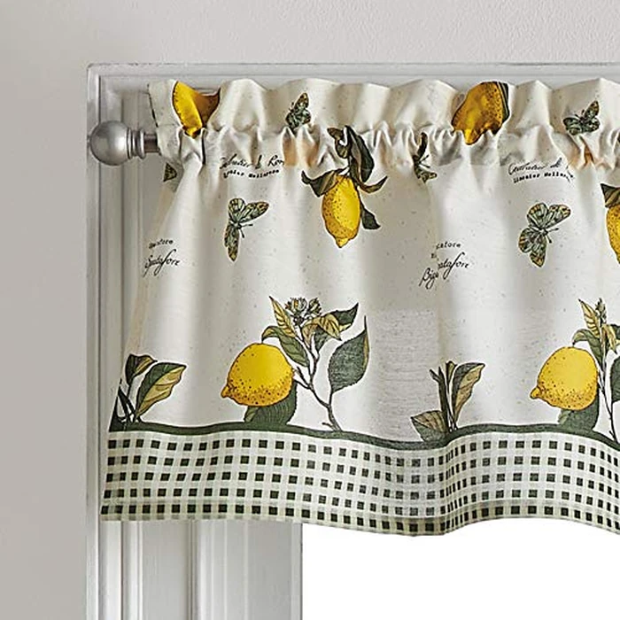 CHF Lemon Kitchen Curtains Tier and Valance Set 3-Piece Small Window Curtain Country Rustic Farmhouse Vintage Light Filtering, 28W x 36L Tier Pair, 56W x 14L Valance, Multi Yellow by CHF - Image 2