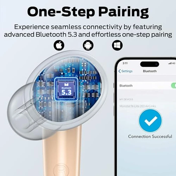 Monster N-Lite 203 AirLinks Wireless Earbuds, Bluetooth 5.3 Hi-Fi Stereo Sound, 30 Hours Playback, Type-C Fast Charging, HD Clear Calls, Touch Control, IPX6 Waterproof in-Ear Headphones (Golden) by Monster - Image 7