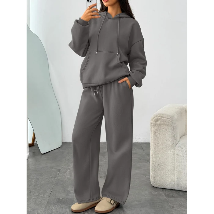 Trendy Queen Womens 2 Piece Outfits Fall Fashion Sweatsuits Oversized Hoodies Wide Leg Sweatpants Tracksuits Lounge Matching Sets Black Grey S by Trendy Queen - Image 2