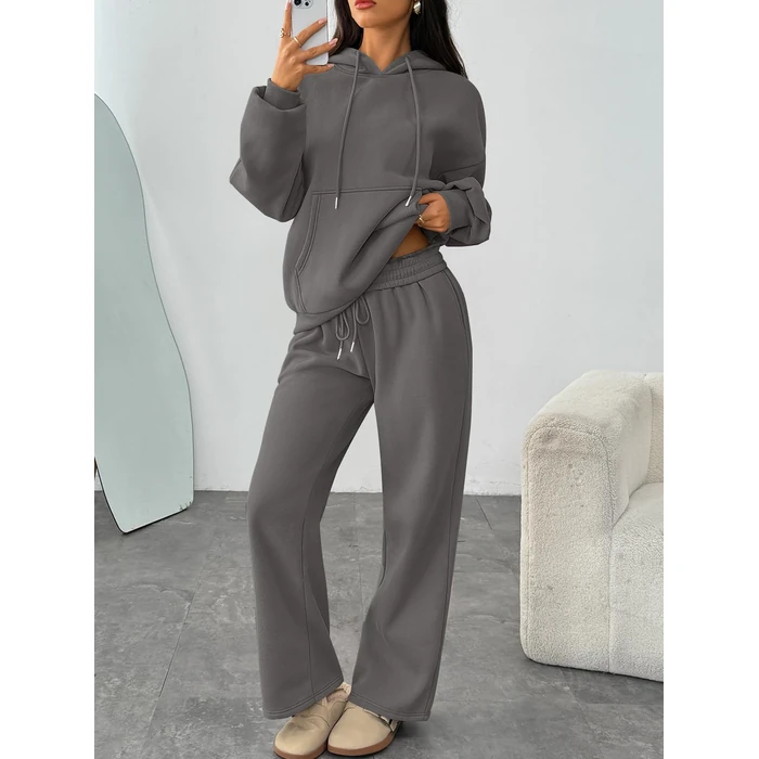 Trendy Queen Womens 2 Piece Outfits Fall Fashion Sweatsuits Oversized Hoodies Wide Leg Sweatpants Tracksuits Lounge Matching Sets Black Grey S by Trendy Queen - Image 3