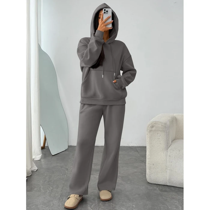 Trendy Queen Womens 2 Piece Outfits Fall Fashion Sweatsuits Oversized Hoodies Wide Leg Sweatpants Tracksuits Lounge Matching Sets Black Grey S by Trendy Queen - Image 6