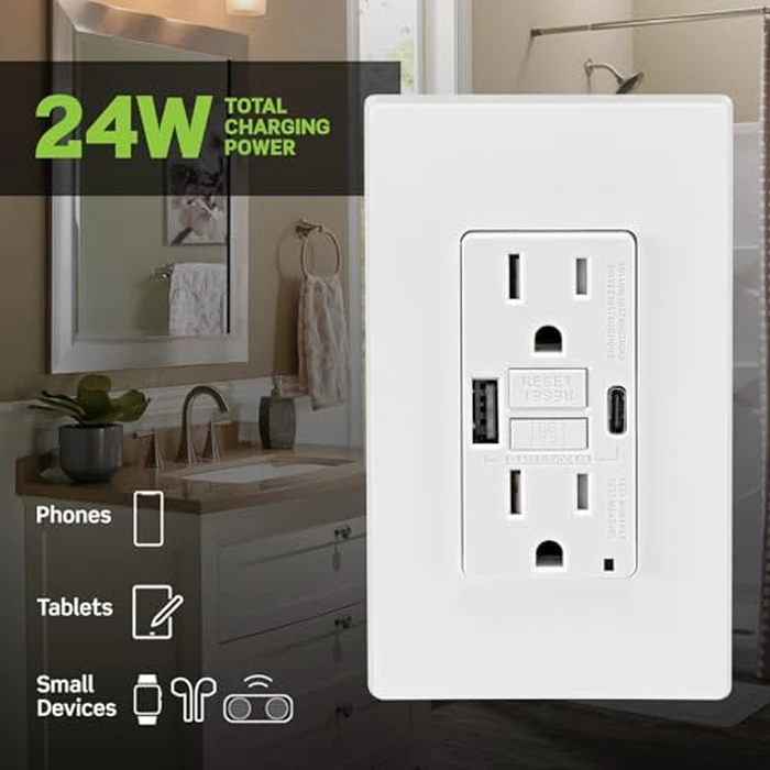 Leviton GFCI USB Type A-C Combination Receptacle, 15 Amp, Tamper-Resistant, Smartlock Pro Self-Test, GUAC1-00W, White by Leviton - Image 2