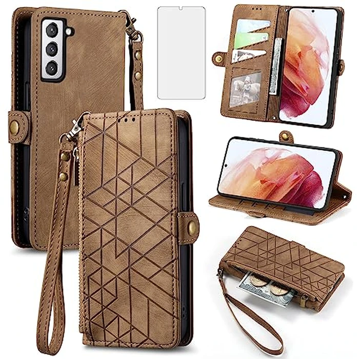 Asuwish Phone Case for Samsung Galaxy S21 Plus S21+ 5G Wallet Cover with Tempered Glass Screen Protector and Flip Zipper Credit Card Holder Stand Cell S21+5G S21plus 21S + S 21 21+ G5 Women Men Brown by Asuwish - Used - Acceptable condition - CA$8.70
