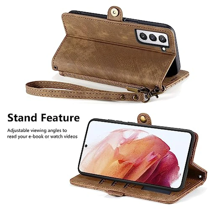 Asuwish Phone Case for Samsung Galaxy S21 Plus S21+ 5G Wallet Cover with Tempered Glass Screen Protector and Flip Zipper Credit Card Holder Stand Cell S21+5G S21plus 21S + S 21 21+ G5 Women Men Brown by Asuwish - Image 3