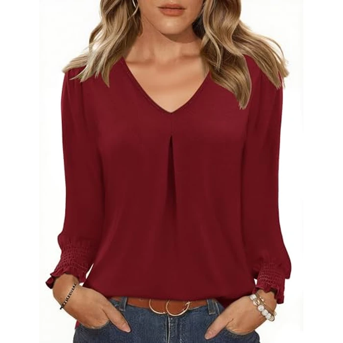 AKEWEI Tunic Tops for Women 2025 Long Sleeve V Neck Tops for Womens Blouses Elegant Casual Wine Red M by AKEWEI - Image 2
