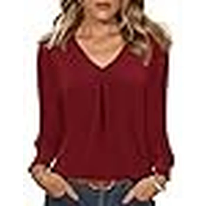 AKEWEI Tunic Tops for Women 2025 Long Sleeve V Neck Tops for Womens Blouses Elegant Casual Wine Red M by AKEWEI - Image 3