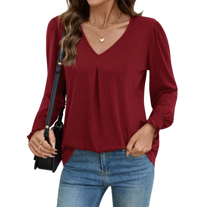 AKEWEI Tunic Tops for Women 2025 Long Sleeve V Neck Tops for Womens Blouses Elegant Casual Wine Red M by AKEWEI - Image 4