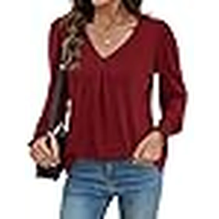 AKEWEI Tunic Tops for Women 2025 Long Sleeve V Neck Tops for Womens Blouses Elegant Casual Wine Red M by AKEWEI - Image 6