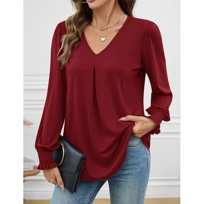 AKEWEI Tunic Tops for Women 2025 Long Sleeve V Neck Tops for Womens Blouses Elegant Casual Wine Red M by AKEWEI - Image 8