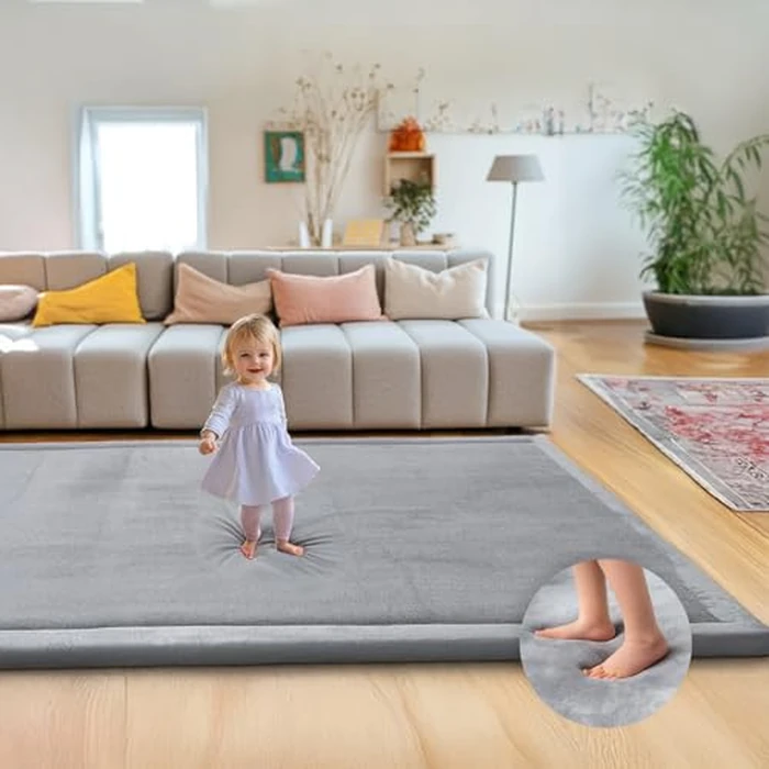 Mallify Ultra Soft 1.3" Thick Baby Play Mat for Floor, Extra Large Velvet 79"x59" Playpen Mat, Baby-Safe & Non-Slip Tummy Time Mat, Crawling for Babies, Toddlers, Infants, Kids, Easy Care, Gray by Mallify - Used - Acceptable condition