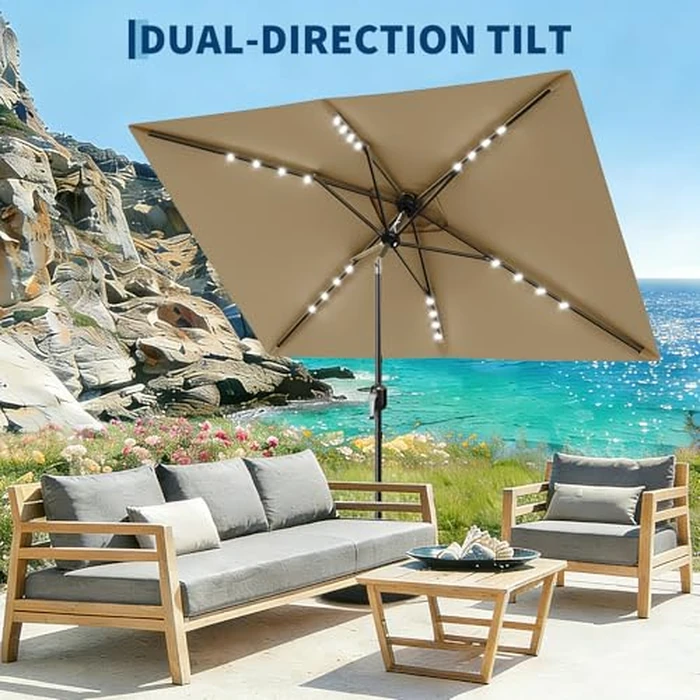 Garvee 10' x 6.5' Solar Rectangular Patio Umbrella with Lights, Outdoor Table Umbrella with Crank and Push Button Tilt, Market Umbrella with 6 Sturdy Ribs Tilt for Garden, Deck, Lawn, Pool by Garvee - Image 4