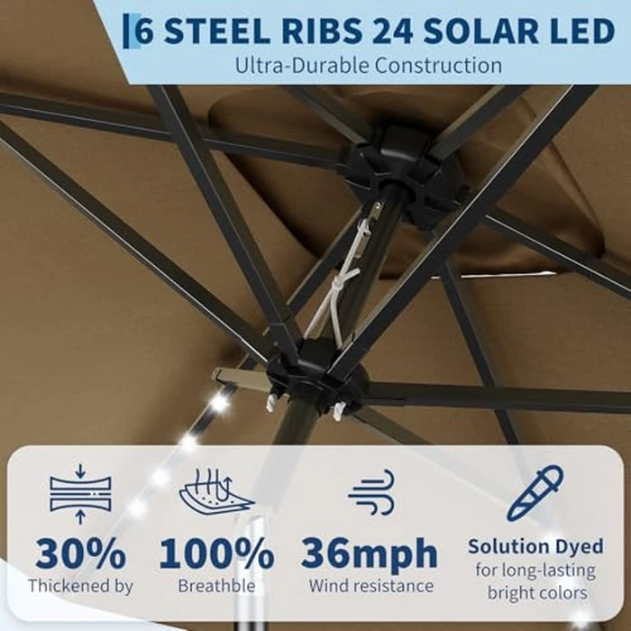 Garvee 10' x 6.5' Solar Rectangular Patio Umbrella with Lights, Outdoor Table Umbrella with Crank and Push Button Tilt, Market Umbrella with 6 Sturdy Ribs Tilt for Garden, Deck, Lawn, Pool by Garvee - Image 5