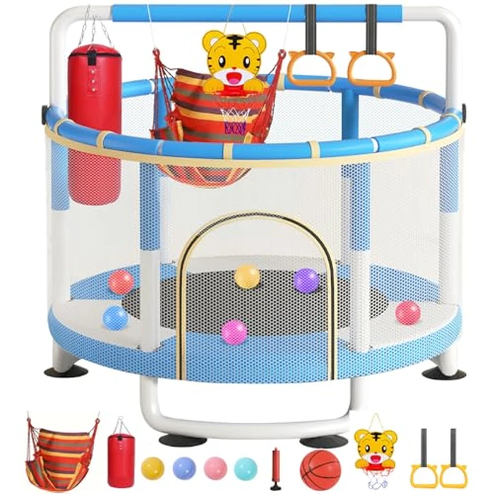 5FT Trampoline for Kids Baby Toddler, 60'' Indoor/Outdoor Kids & Adults Trampoline with Enclosure Net for Boys Girls Christmas Birthday Gifts (Blue) by CLrkualn - Used - Good condition