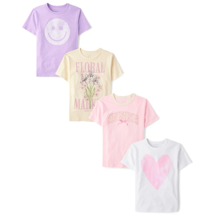 The Children's Place,Girls,Trends,Icons Short Sleeve Graphic T-Shirts,4 Pack,Kindness/Face/Floral/Heart,Medium by The Children's Place - Image 1
