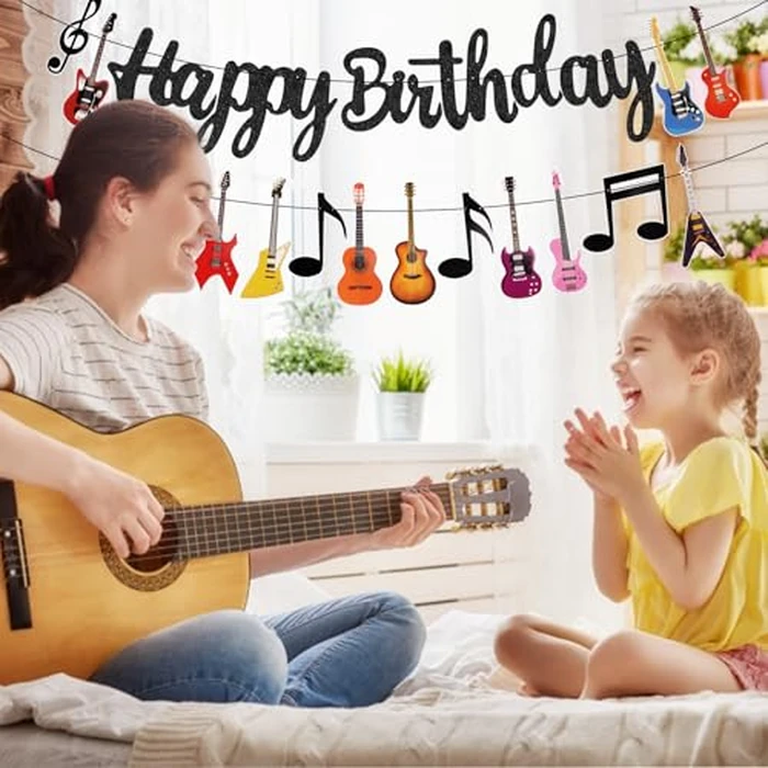 2 Pcs Guitar Happy Birthday Party Banner Music Theme Party Backdrop Decorations Guitar Cutout Banner for Rock and Roll Party by Abilat - Image 5