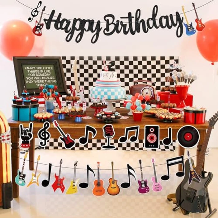 2 Pcs Guitar Happy Birthday Party Banner Music Theme Party Backdrop Decorations Guitar Cutout Banner for Rock and Roll Party by Abilat - Image 7