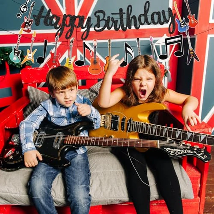2 Pcs Guitar Happy Birthday Party Banner Music Theme Party Backdrop Decorations Guitar Cutout Banner for Rock and Roll Party by Abilat - Image 9