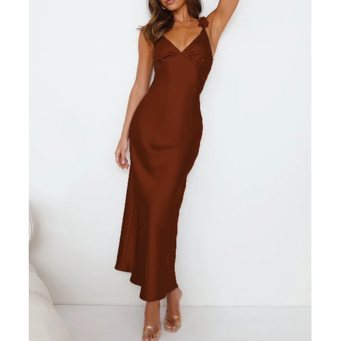 Phicia Summer Satin Spaghetti Strap V Neck Midi Dresses for Women Wedding Guest Elegant Flower Backless Cocktail Formal Dress by Phicia - Image 2