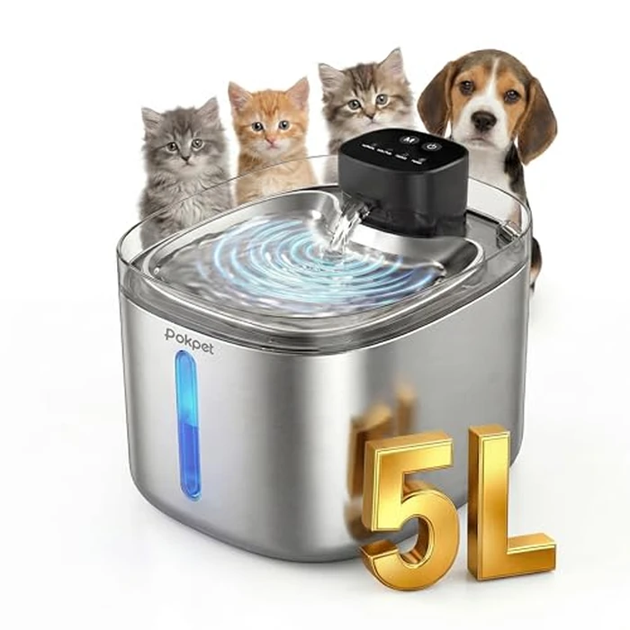 Pokpet Water Fountain for Cats & Dogs 5L/169fl.oz Stainless Steel Wireless Cordless Pet Drinking Water Dispenser Cat Fountain for Indoor Outdoor &1Filter by Pokpet - Image 1
