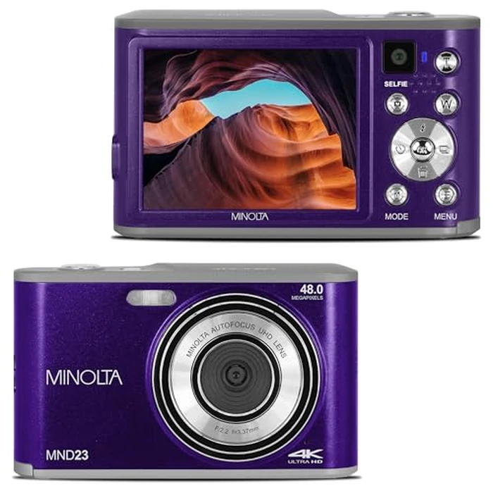 Minolta 48MP Digital Camera with Rear Selfie Lens - 4K Ultra HD Video, 2.8" LCD Screen, 16X Digital Zoom, Autofocus, Slow Motion, Time Lapse, Filters, Scene Modes, 32GB Card Included (Purple) by Minolta - Used - Acceptable condition