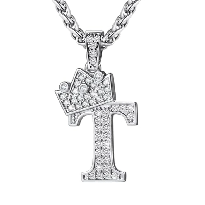 U7 A-Z Alphabet Letter Pendant Men Women Stainless Steel Chain Bling Diamond Crown Initial T Necklace 22-24 Inch by U7 - Used - Very Good condition