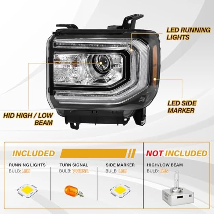 LIWEDFG Xenon Headlight Assembly Compatible with GMC Sierra 1500 2016-2018 Headlamp, HID Projector Headlight with LED DRL Replacement for GM2502453 84046790 84568272, w/o D5S Bulb, Left Driver Side by LIWEDFG - Image 2