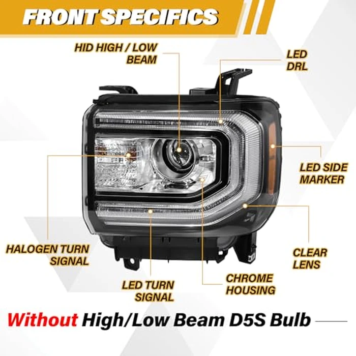 LIWEDFG Xenon Headlight Assembly Compatible with GMC Sierra 1500 2016-2018 Headlamp, HID Projector Headlight with LED DRL Replacement for GM2502453 84046790 84568272, w/o D5S Bulb, Left Driver Side by LIWEDFG - Image 3