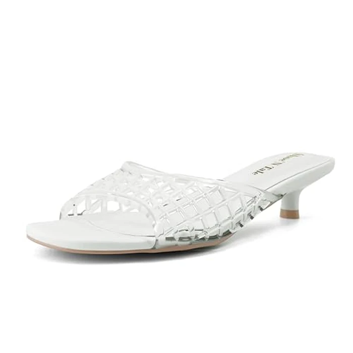 Shoe'N Tale Clear Heels for Women Kitten Low Heel Slides Sandals Round Open Toe Mesh Slip-On Mules(9,White) by Shoe'N Tale - Used - Like New condition - US$30.64