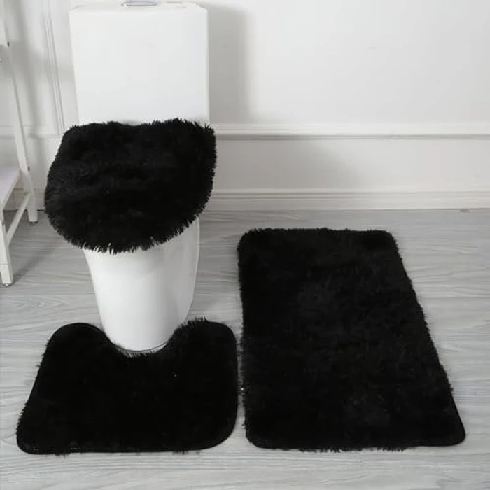 Eanpet Black Bathroom Rugs Sets 3Piece Bath Mat Solid Bath Rug Floor Mats Washable Shower Rug with U-Shaped Contour Rug Toilet Lid Cover by Eanpet - Used - Like New condition