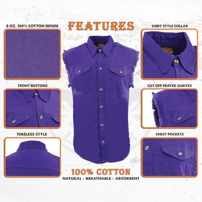 Men’s Lightweight Cotton Sleeveless Denim Shirt w/Frayed Sleeves (Purple, 3X-Large) by Milwaukee Leather - Image 2